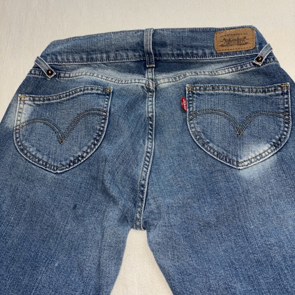 Levis Blue Distressed Low Rise Flare Leg Denim Jeans Pants Y2K Sz 9M JR VTG - Picture 8 of 9